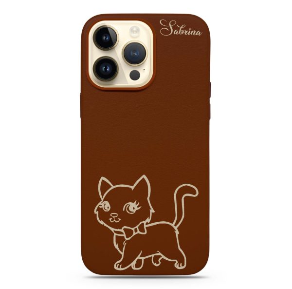 Brown Cute Cat MagSafe Leather Case Supply